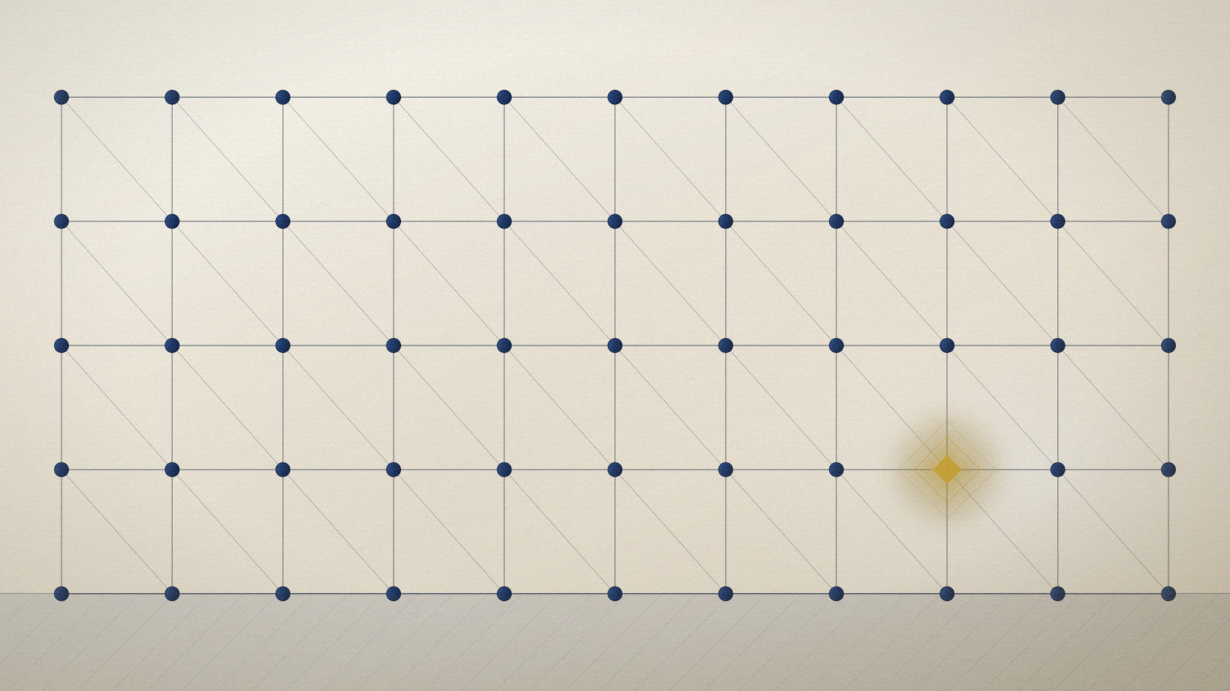 Abstract editorial illustration in navy and gold on a warm parchment field: a space frame of struts with one lit node.
