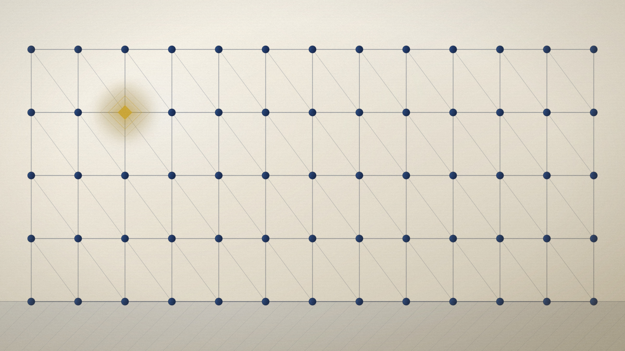 Abstract editorial illustration in navy and gold on a warm parchment field: a space frame of struts with one lit node.