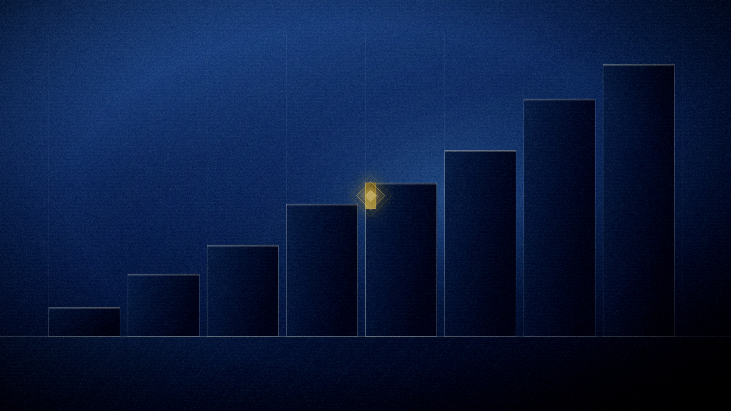 Abstract editorial illustration in navy and gold on a deep navy field: a flight of ascending platforms with one lit riser.