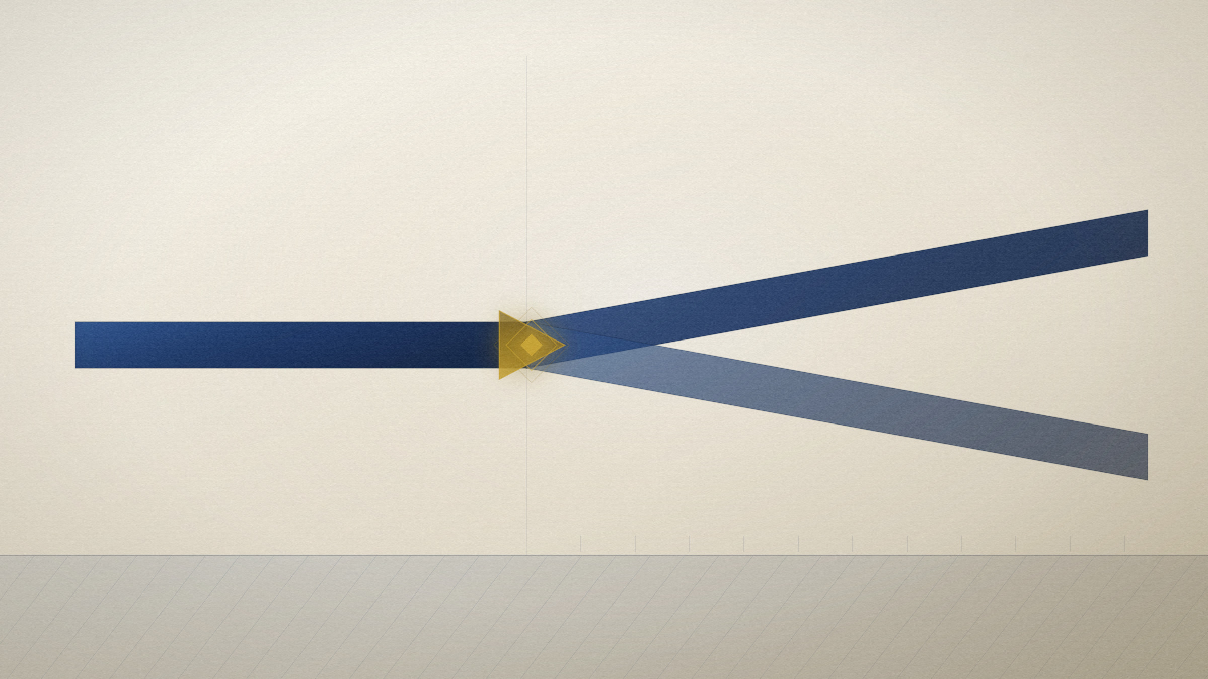 Abstract editorial illustration in navy and gold on a warm parchment field: a single rail arriving and dividing into two, the point of divergence lit.