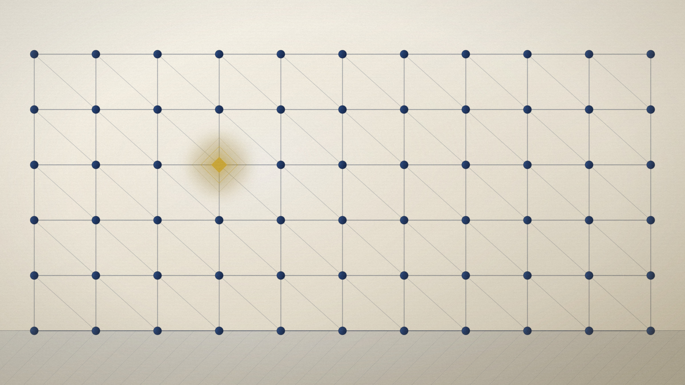 Abstract editorial illustration in navy and gold on a warm parchment field: a space frame of struts with one lit node.