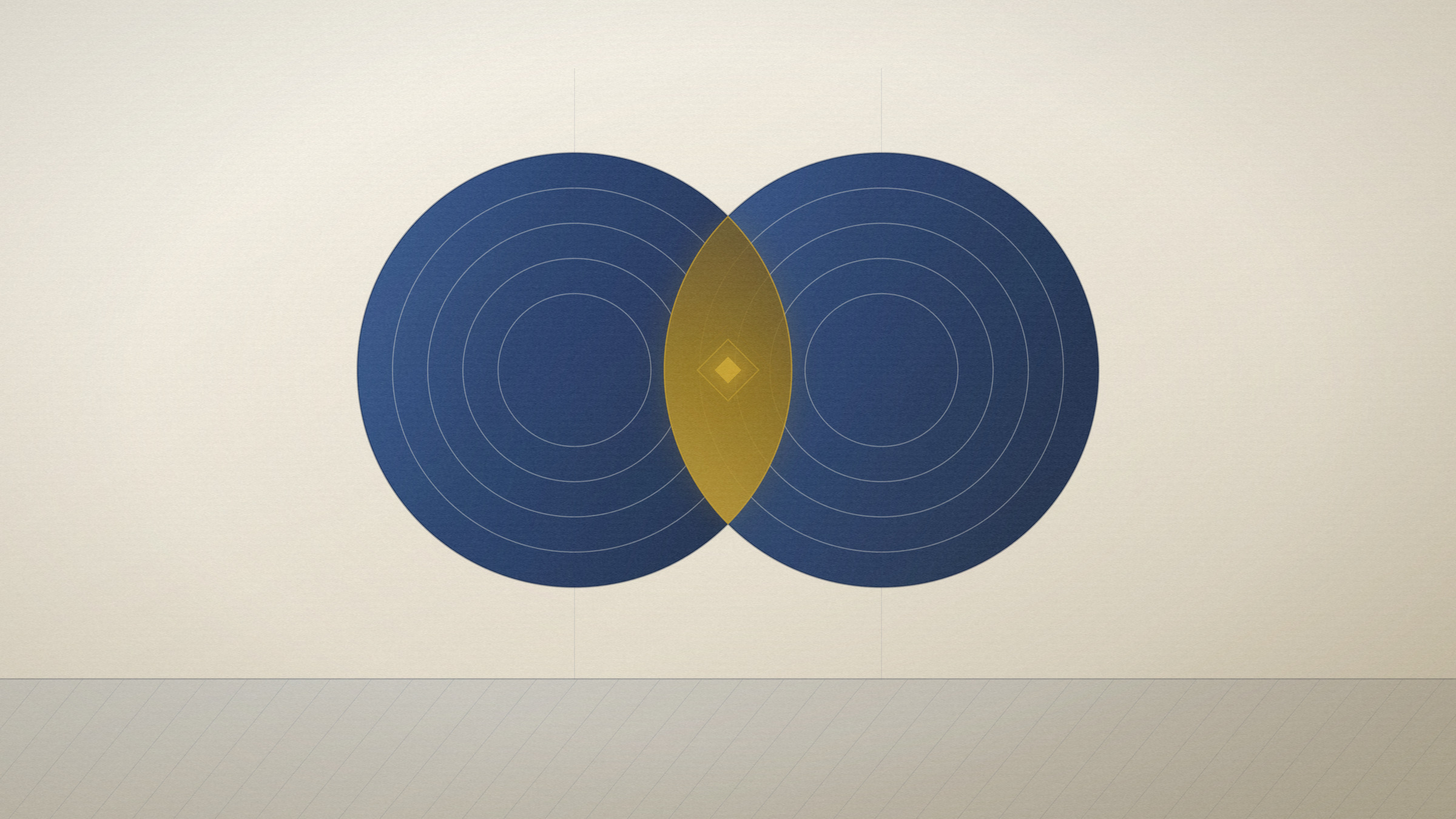 Abstract editorial illustration in navy and gold on a warm parchment field: two overlapping discs whose shared lens is lit.