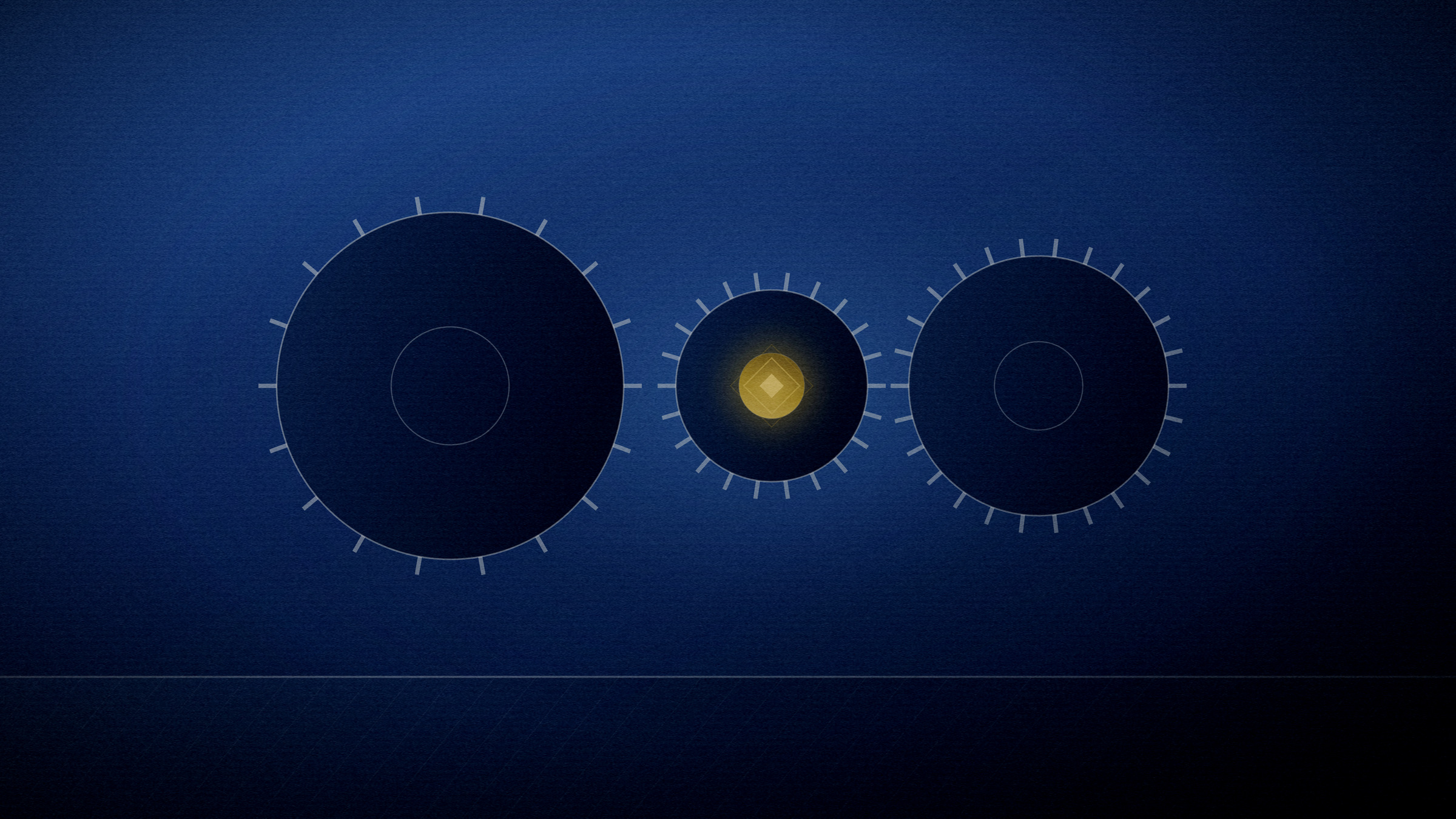 Abstract editorial illustration in navy and gold on a deep navy field: three meshed rotors of different sizes, the smallest one lit.