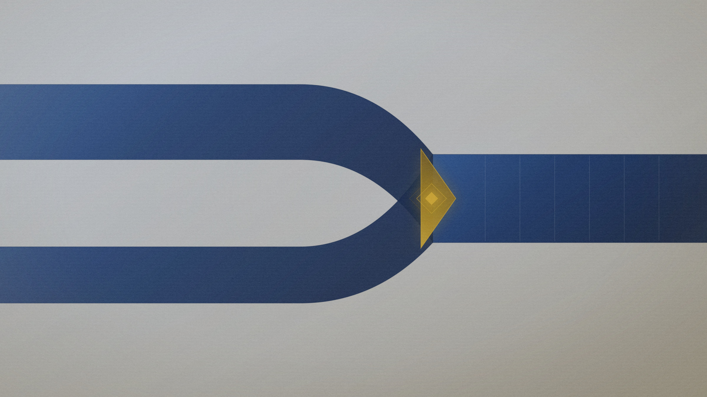 Abstract editorial illustration in navy and gold on a warm parchment field: two channels meeting and continuing as one.