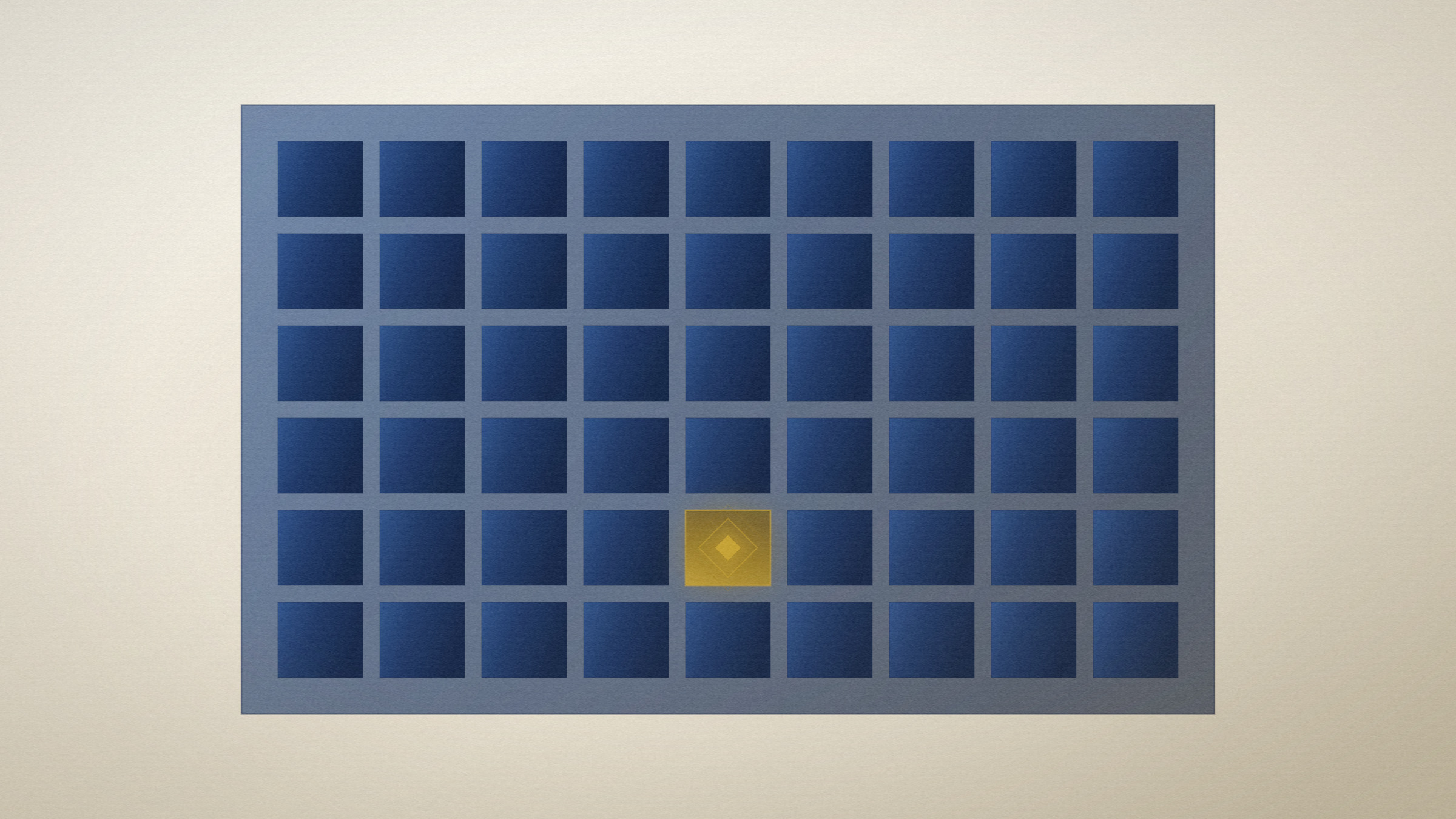 Abstract editorial illustration in navy and gold on a warm parchment field: a field of small apertures with one of them open and lit.