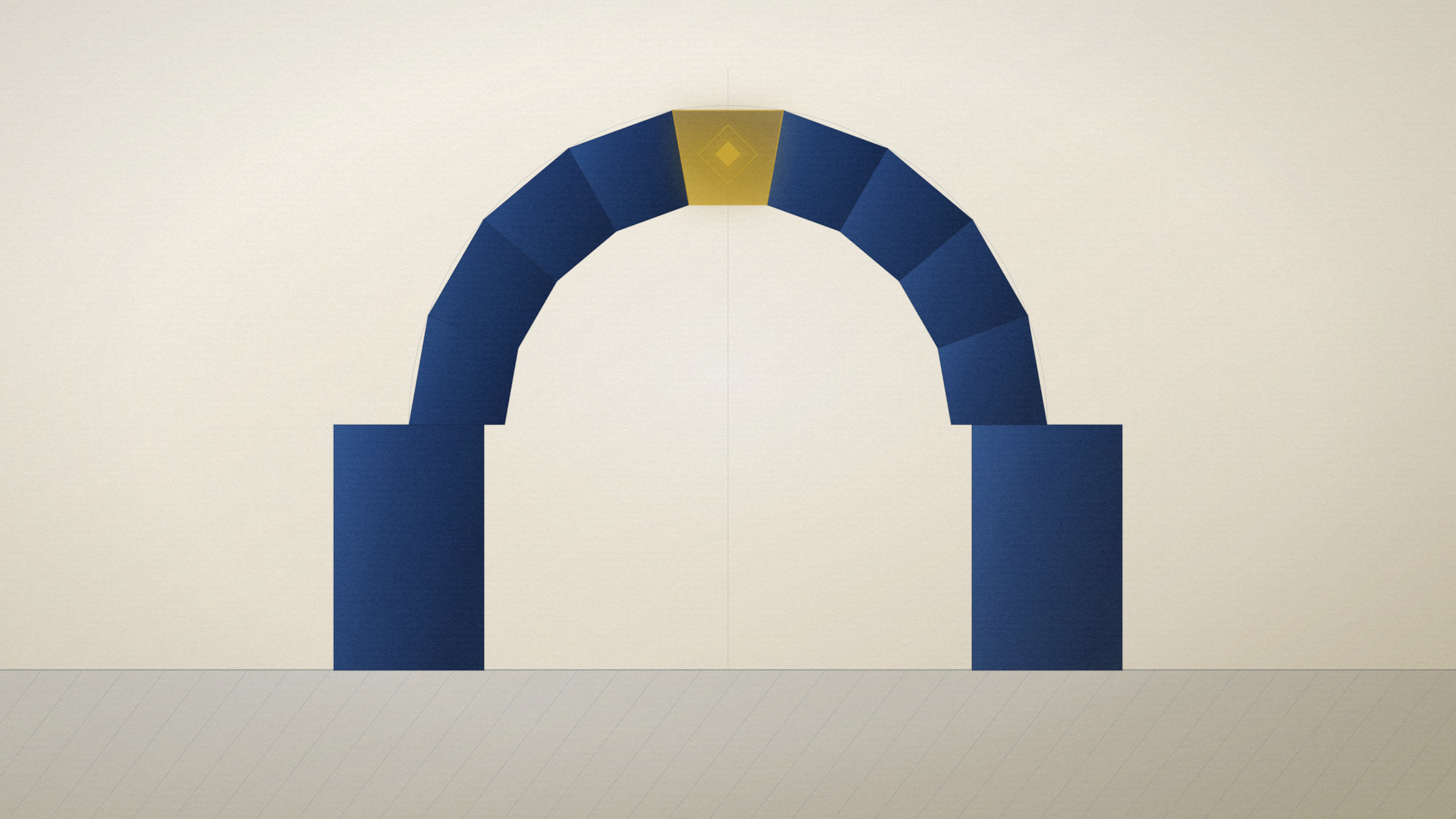 Abstract editorial illustration in navy and gold on a warm parchment field: a span of voussoirs standing on one lit keystone.