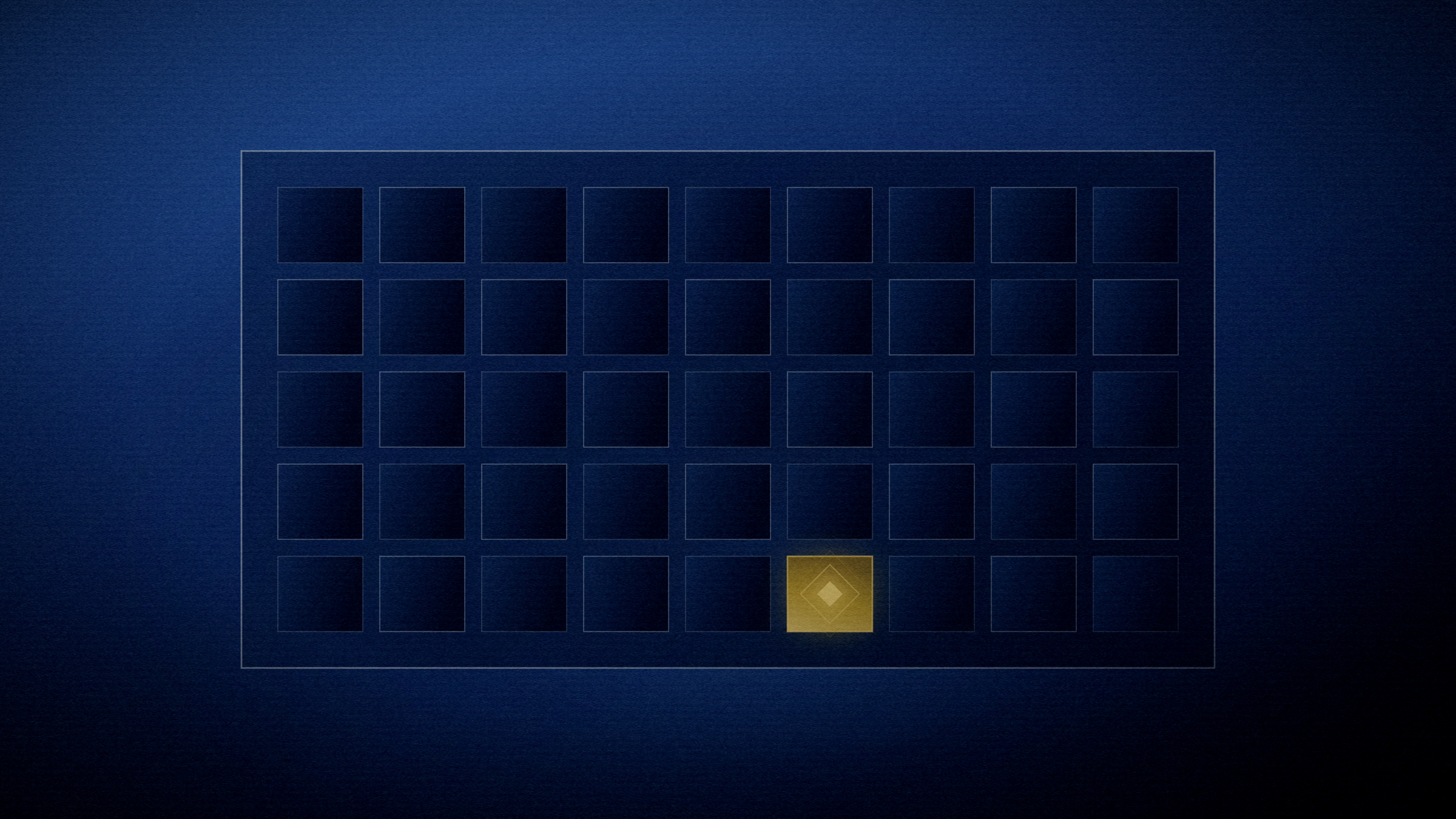 Abstract editorial illustration in navy and gold on a deep navy field: a field of small apertures with one of them open and lit.