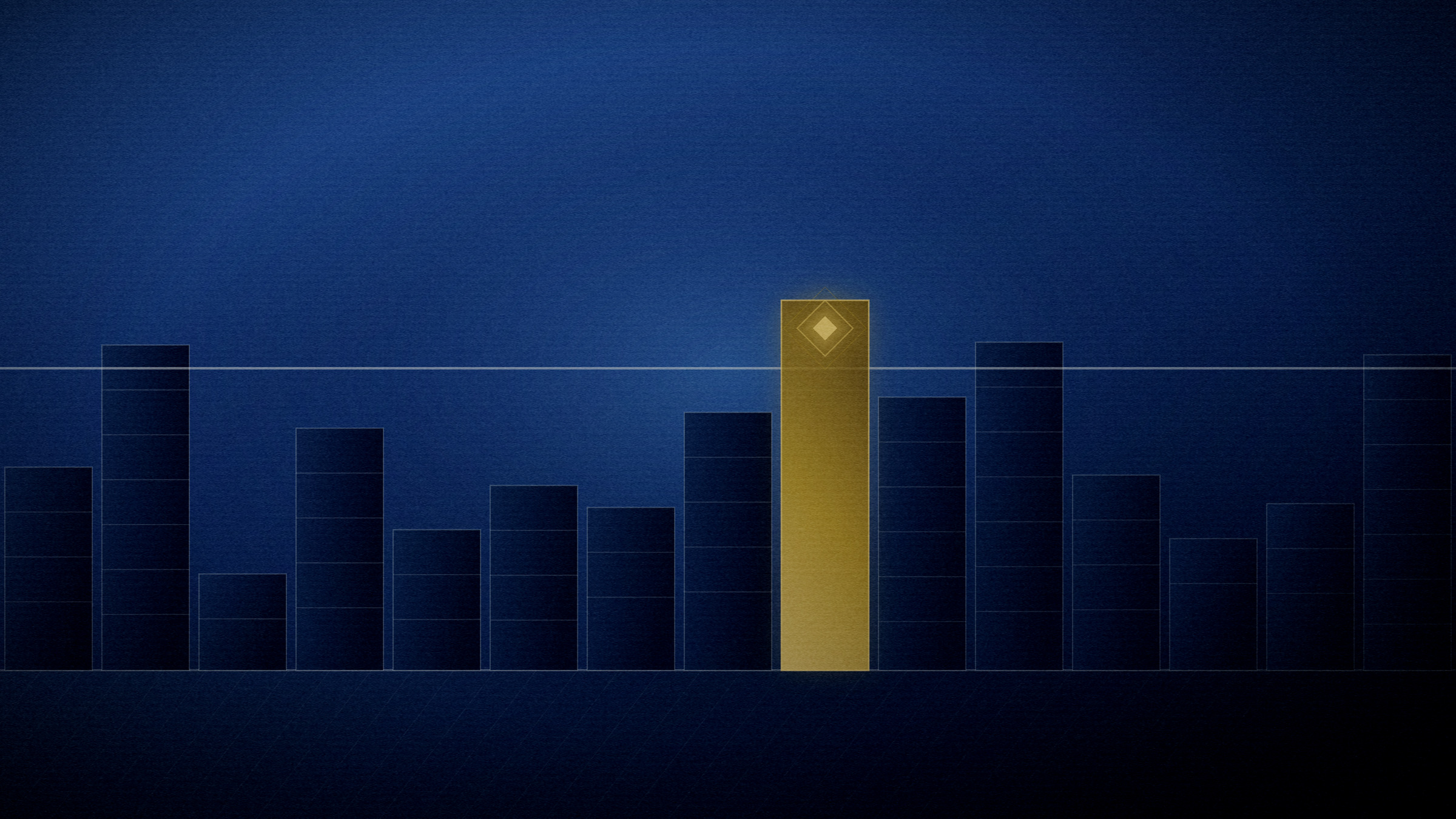 Abstract editorial illustration in navy and gold on a deep navy field: a low skyline standing against a ruled datum line.