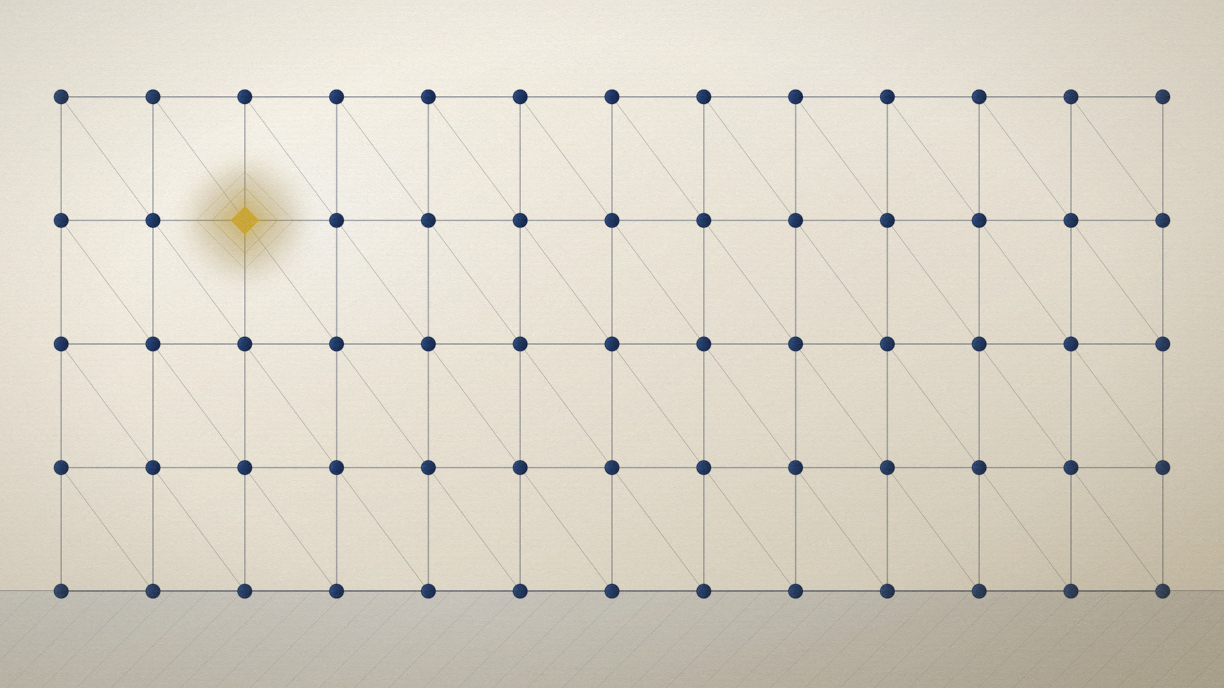 Abstract editorial illustration in navy and gold on a warm parchment field: a space frame of struts with one lit node.