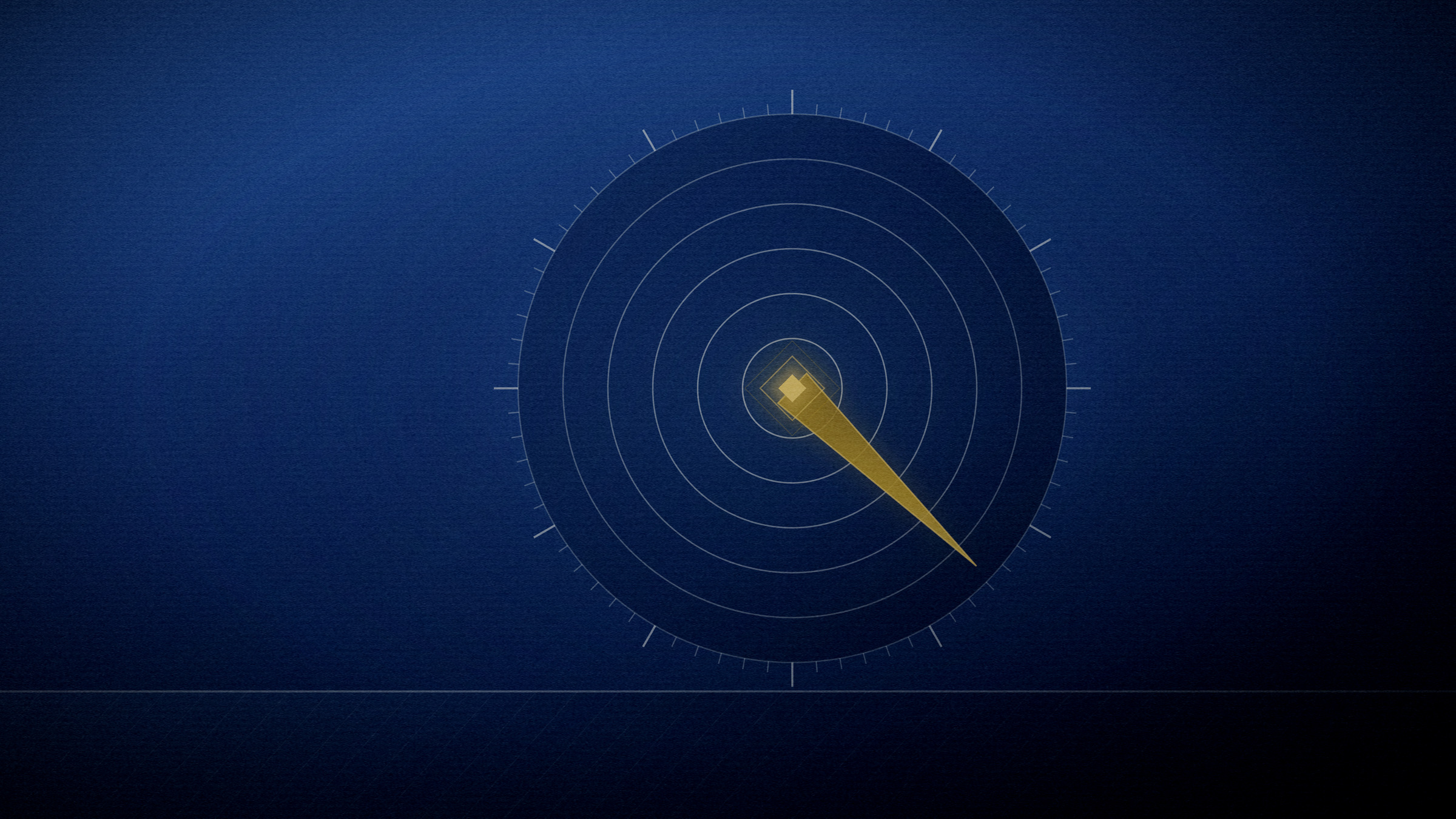 Abstract editorial illustration in navy and gold on a deep navy field: concentric rings crossed by one radial needle.