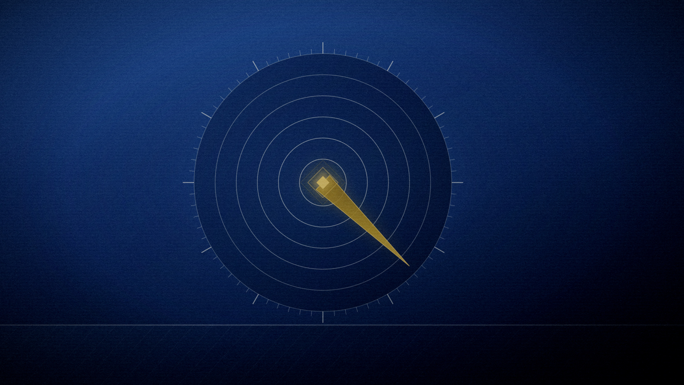 Abstract editorial illustration in navy and gold on a deep navy field: concentric rings crossed by one radial needle.