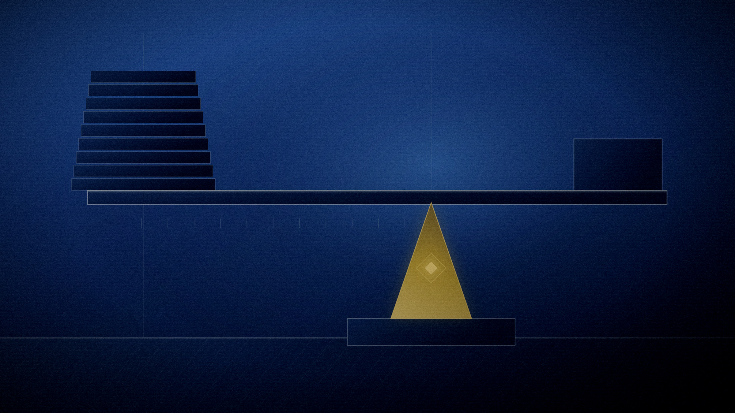 Abstract editorial illustration in navy and gold on a deep navy field: a long beam balanced on an off-centre wedge.