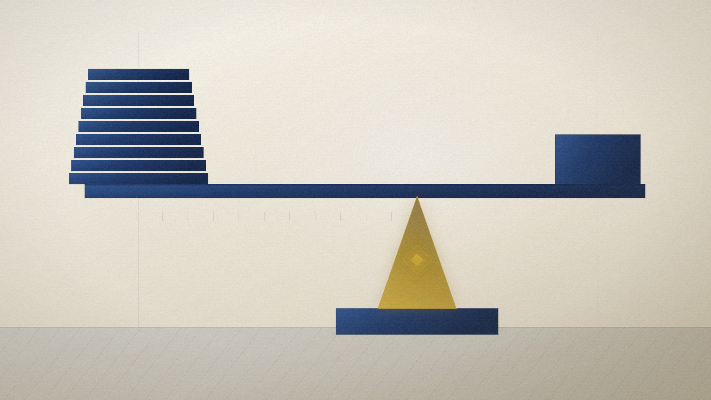 Abstract editorial illustration in navy and gold on a warm parchment field: a long beam balanced on an off-centre wedge.