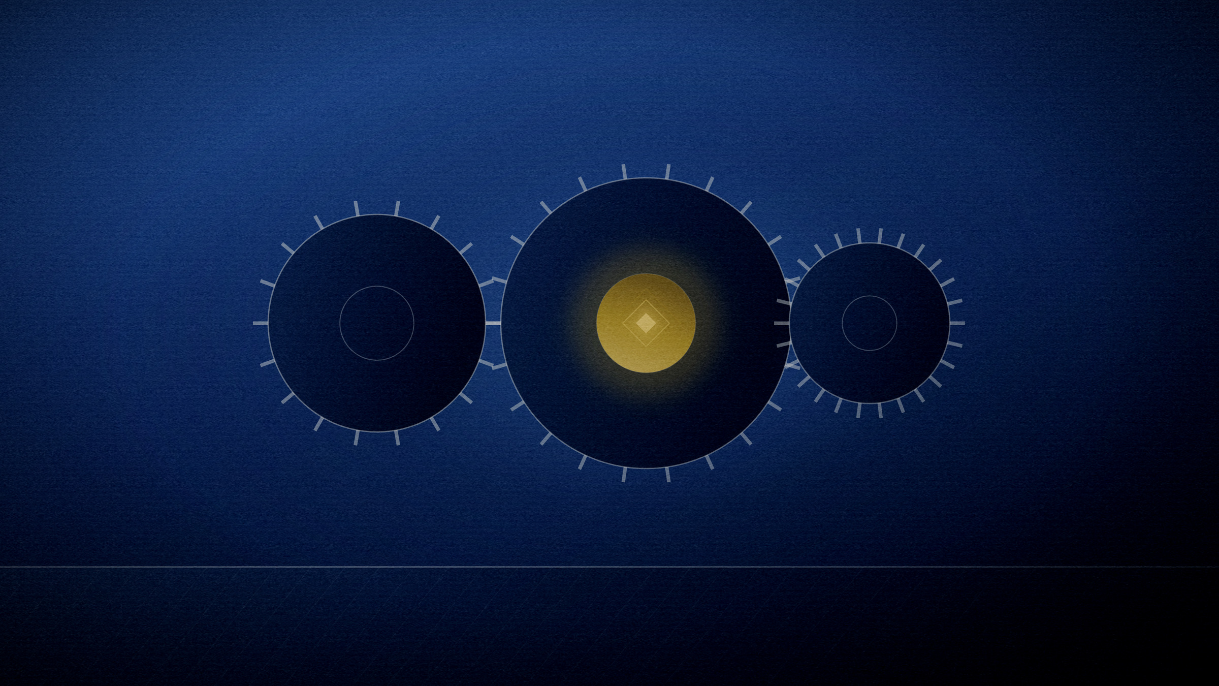 Abstract editorial illustration in navy and gold on a deep navy field: three meshed rotors of different sizes, the smallest one lit.