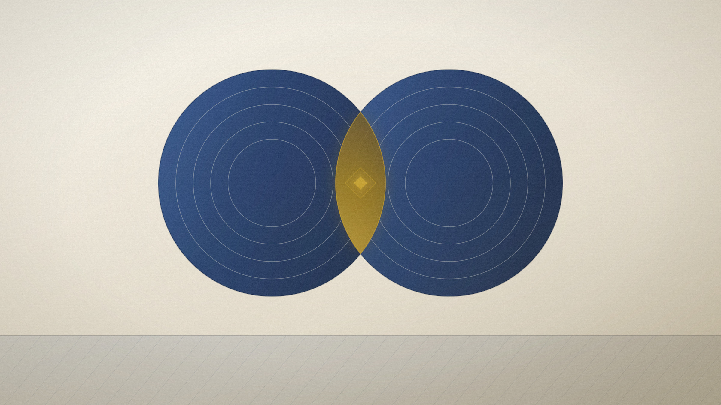 Abstract illustration on a parchment field: two large navy discs overlapping, the shared lens between them lit in gold with a small diamond at its centre — two different companies arriving at one answer.